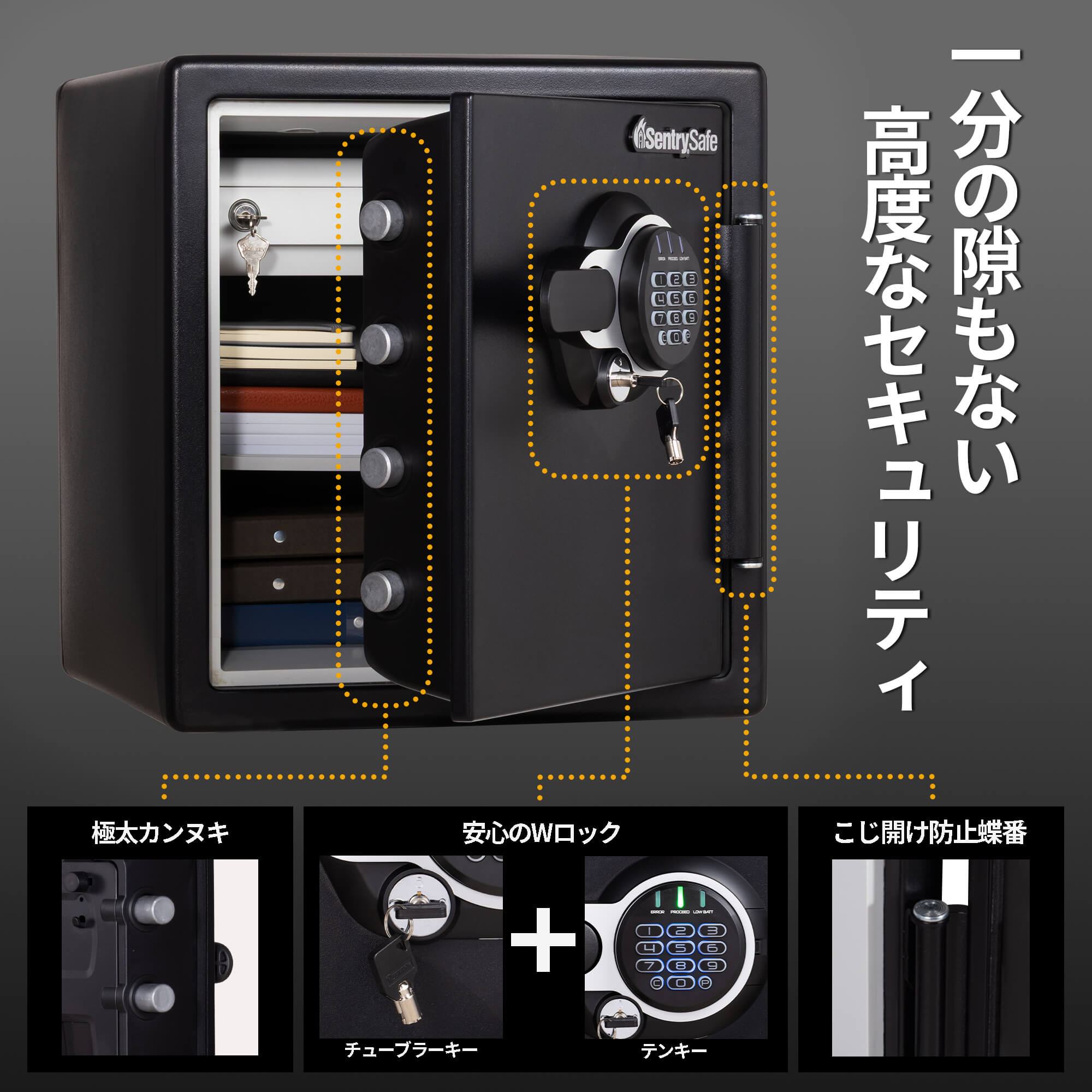 SENTRY金庫 1時間耐火耐水 テンキー鍵 ダブルロック JFW123GEL JFW123GEL | 製品一覧 | マスターロック・セントリー日本株式会社